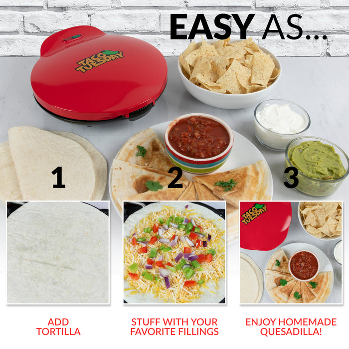 Taco Tuesday Deluxe 10-Inch 6-Wedge Electric Quesadilla Maker with Extra Stuffing Latch